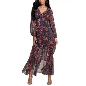 GUESS Women's Bianca Paisley-Print High-Low Chiffon Dress Cocktail Party Plum 2